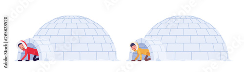 Winter hiking man and woman in ice igloo. Male and female tourist in dome shaped shelter built from blocks of solid snow. Vector flat style cartoon illustration isolated on white background