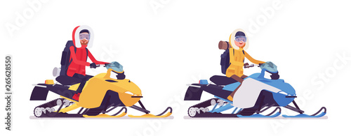Winter hiking man, woman riding snowmobile. Male, female tourist with backpacking gear, wearing bright jacket, professional footwear. Vector flat style cartoon illustration isolated, white background