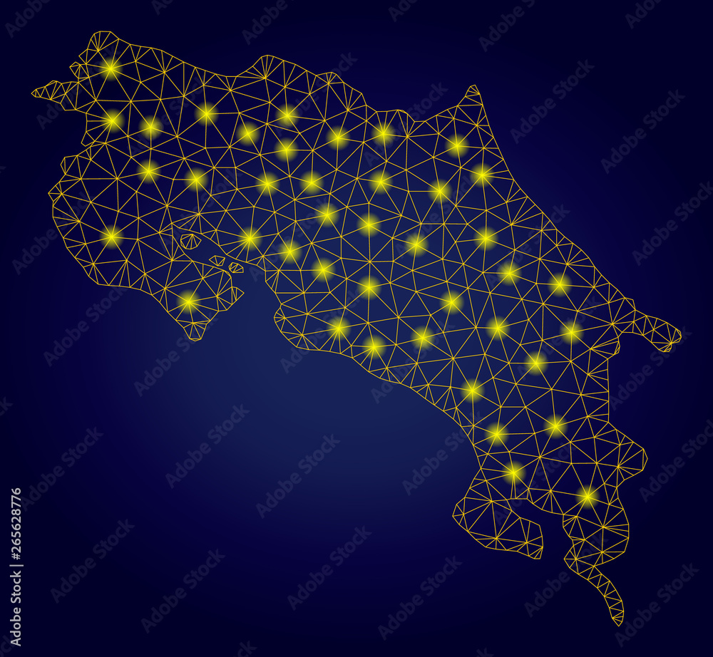 Yellow mesh vector Costa Rica map with glitter effect on a dark blue gradiented background. Abstract lines, light spots and small circles form Costa Rica map constellation.