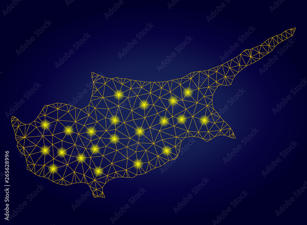 Yellow mesh vector Cyprus Island map with glare effect on a dark blue gradiented background. Abstract lines, light spots and small circles form Cyprus Island map constellation. Yellow mesh vector Cyprus Island map with glare effect on a dark blue gradiented background. Abstract lines, light spots and small circles form Cyprus Island map constellation.