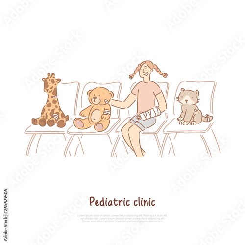 Pediatric clinic, traumatology, child playing doctor role game, girl at hospital queue, soft animal toys banner