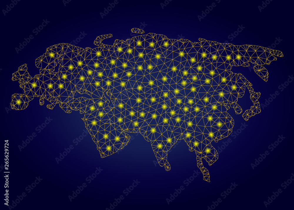 Yellow mesh vector Eurasia map with glare effect on a dark blue ...