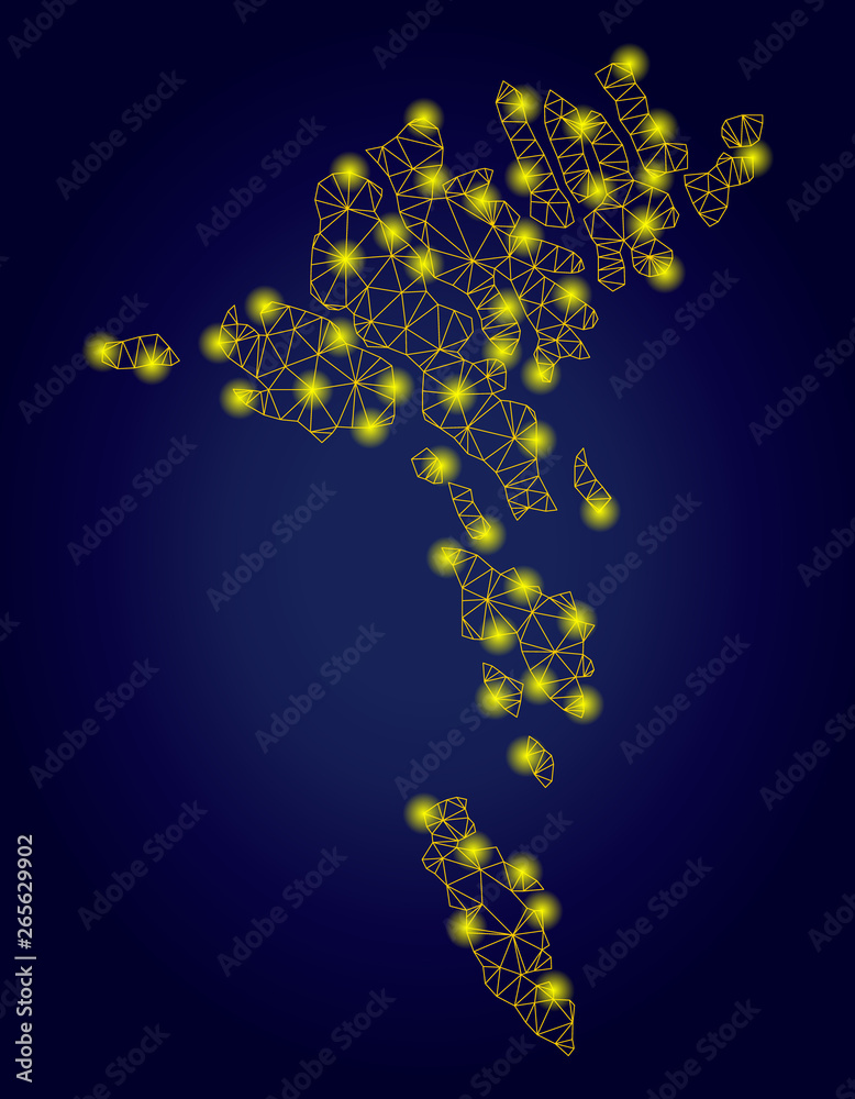 Yellow mesh vector Faroe Islands map with flare effect on a dark blue gradiented background. Abstract lines, light spots and points form Faroe Islands map constellation.
