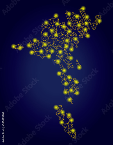 Yellow mesh vector Faroe Islands map with flare effect on a dark blue gradiented background. Abstract lines  light spots and points form Faroe Islands map constellation.