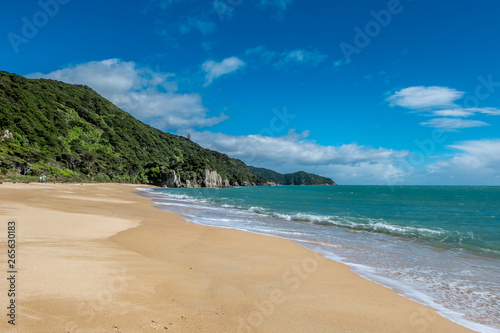Peaceful sand beach and ocean with waves. Tasman Bay, Nelson area, New Zealand