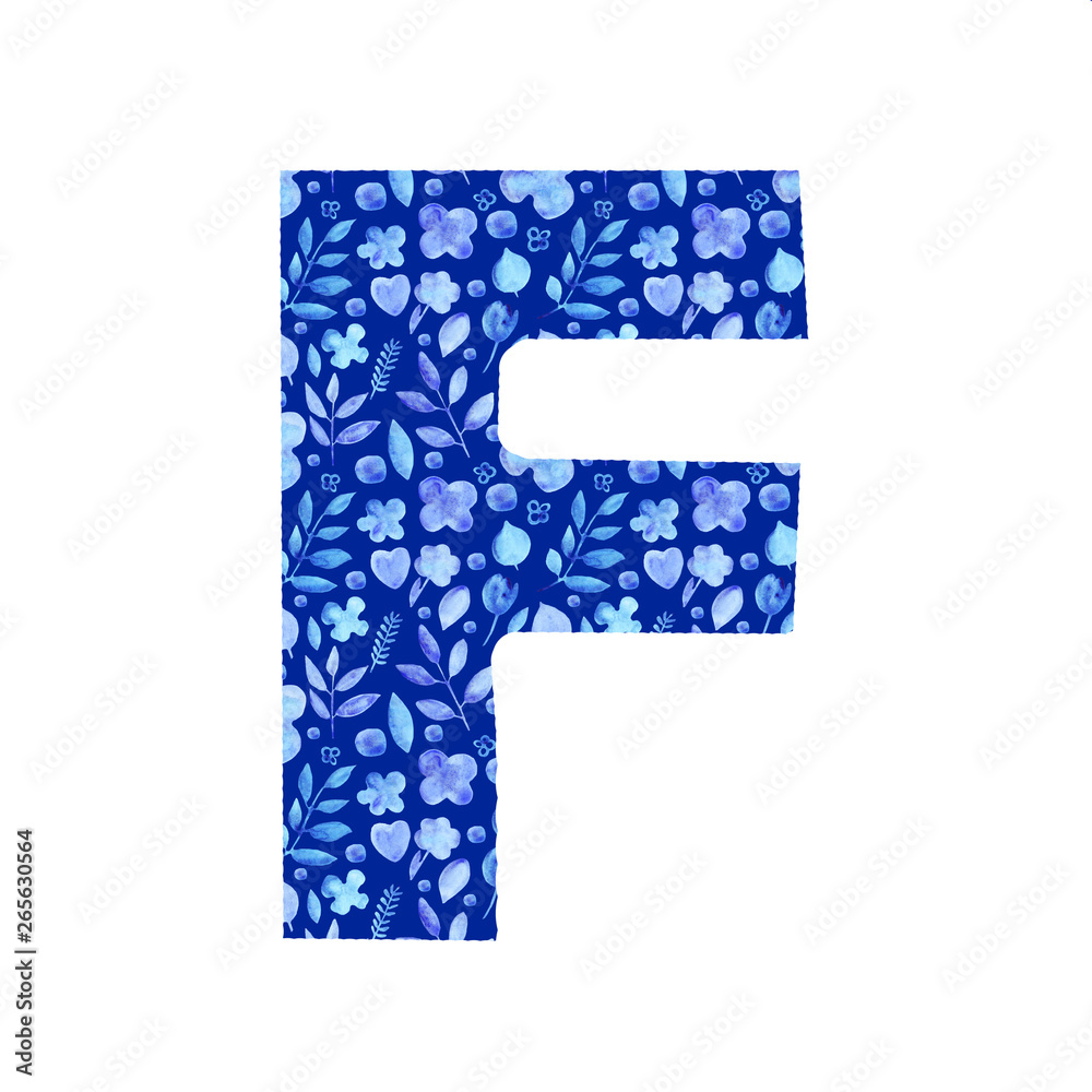 watercolor letter F with a pattern of flowers and leaves watercolor letter F with a pattern of flowers and leaves