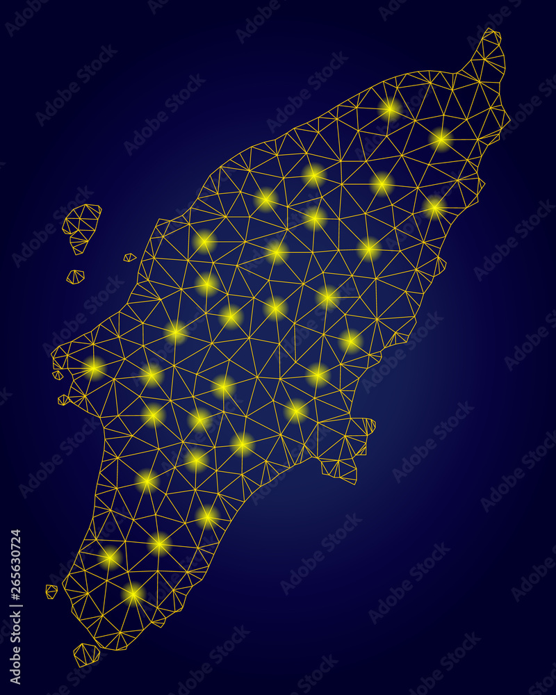 Yellow mesh vector Greek Rhodes Island map with glitter effect on a dark blue gradiented background. Abstract lines, light spots and spheric points form Greek Rhodes Island map constellation.