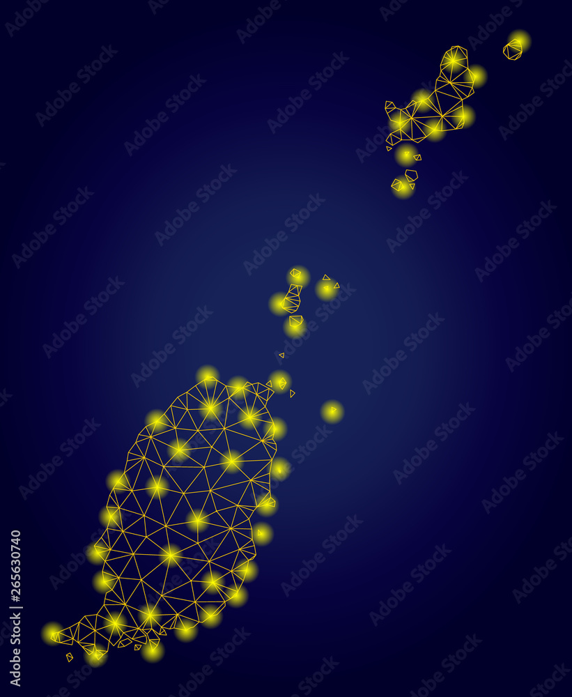 Yellow mesh vector Grenada map with glare effect on a dark blue gradiented background. Abstract lines, light spots and dots form Grenada map constellation.