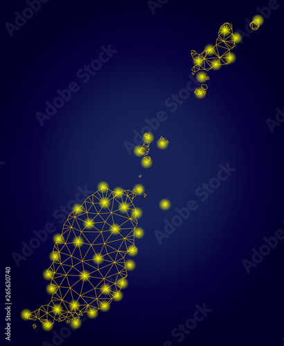 Yellow mesh vector Grenada map with glare effect on a dark blue gradiented background. Abstract lines  light spots and dots form Grenada map constellation.