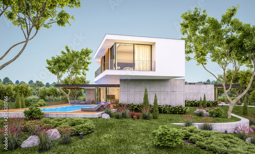 3d rendering of modern cozy house on the hill with garage and pool for sale or rent with beautiful landscaping on background. Clear summer evening with cozy light from window. © korisbo