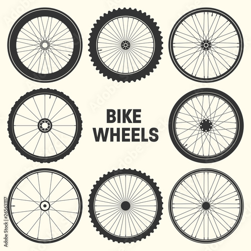 Bicycle wheel symbol vector illustration. Bike rubber mountain tyre, valve. Fitness cycle, mtb, mountainbike. photo