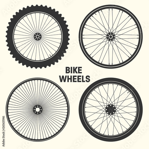 Bicycle wheel symbol vector illustration. Bike rubber mountain tyre, valve. Fitness cycle, mtb, mountainbike.