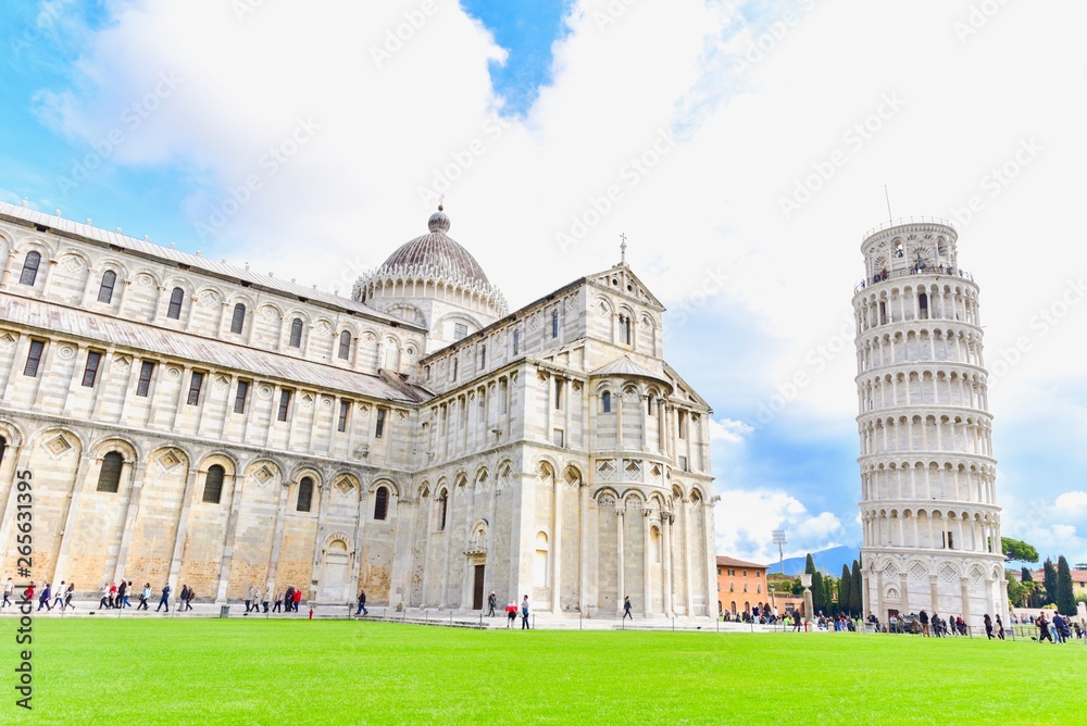 The Leaning Tower of Pisa with Pisa Cathedral on Sunny Day