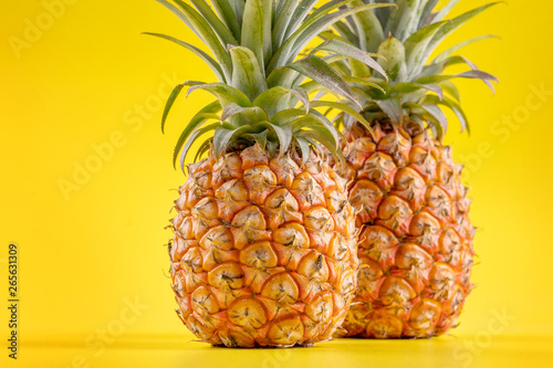 Beautiful fresh pineapple isolated on bright yellow background  summer seasonal fruit design idea pattern concept  copy space  close up