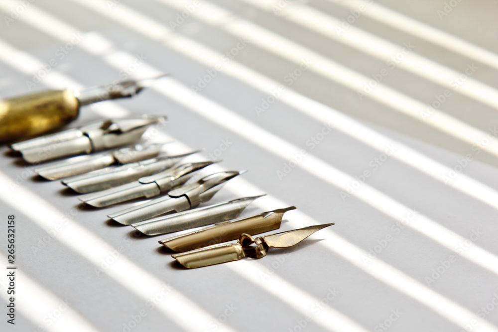 metal tips for the ink pen on a white background in solar rays. stationery on white desk close up top view. spelling lessons and caligraphy exercises. Template, layout, background. macro metal tips for the ink pen on a white background in solar rays. stationery on white desk close up top view. spelling lessons and caligraphy exercises. Template, layout, background. macro