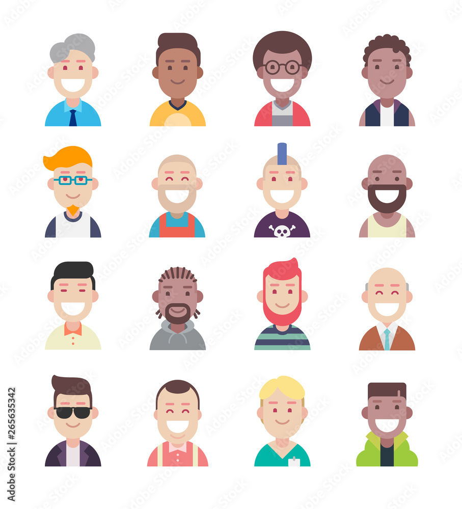 Diversity people avatar flat icon set. Vector men characters.