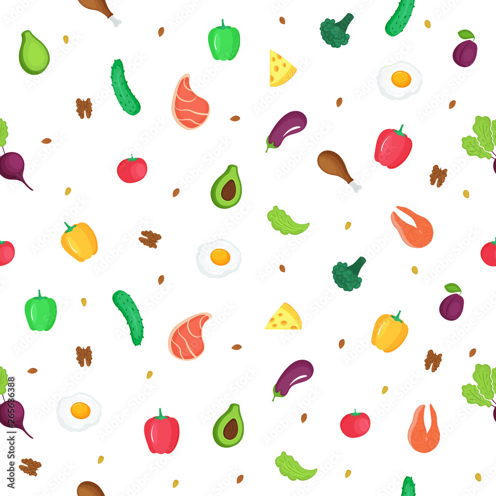 Keto diet. Ketogenic low carb and protein, high fat. Seamless pattern of  fresh vegetables, fish, meat, nuts. Can be used as packaging for healthy  foods, as wrapping paper, wallpaper Stock Vector |