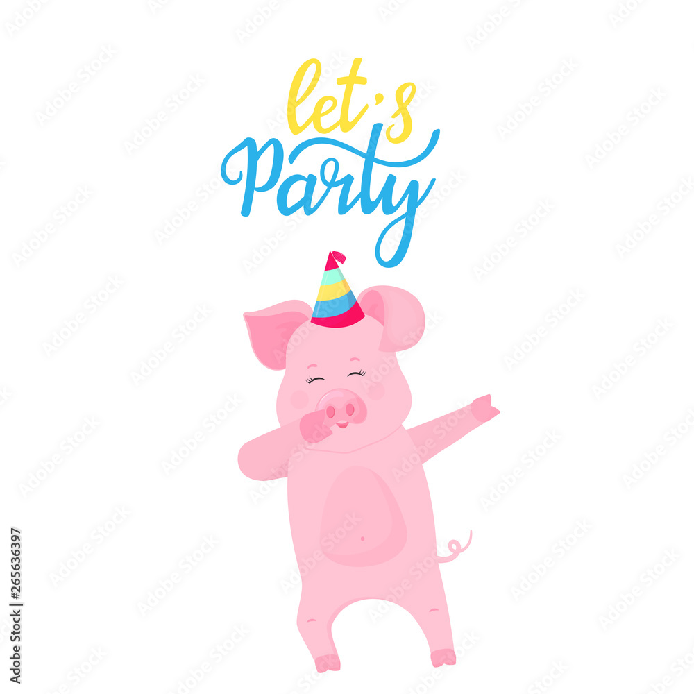 Let`s party. Dancing pig in a striped hat. Funny piggy dabbing cartoon  character. Cute piglet have fun. Stock Vector | Adobe Stock