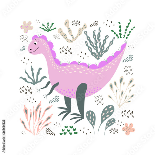 stylish illustration with dinosaur. lovely childish card in spring colors. greeting card,poster,banner illustration. isolated scandinavian cartoon illustration.