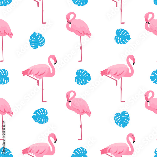Graceful flamingos and monstera leaves. Tropical summer seamless pattern