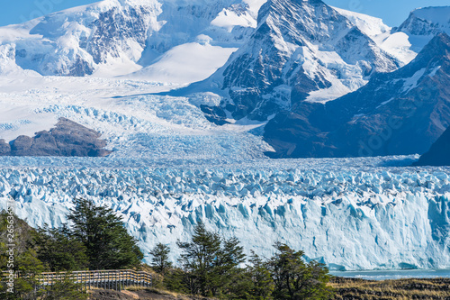 Amazing view of Perito Moreno glacier, blue ice burg glacier from peak of the mountain through the aqua blue lake in Los Glaciares National Park, Santa Cruz, Argentina, southern Patagonia ice field