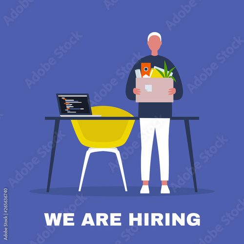 We are hiring. Looking for an employee. HR. Human resources. Young male character holding a box full of office stationery goods