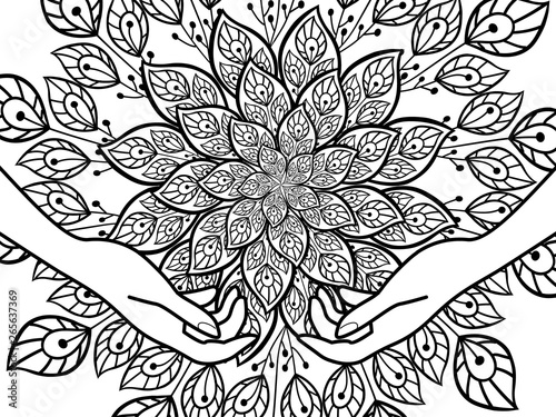 black and white illustration of hands on a background of floral ornament