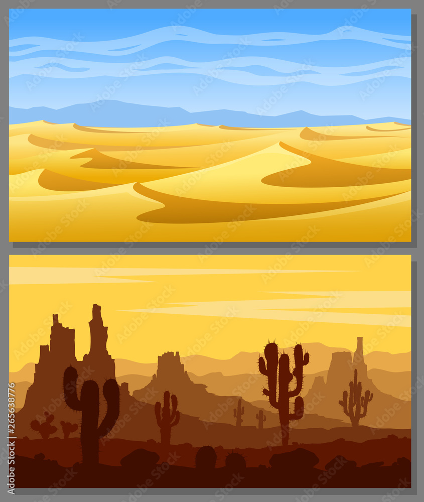 Set of desert landscapes with yellow sand dunes, cacti, succulents, mountains and blue sky. Vector illustration.