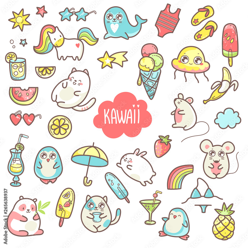 Kawaii cute collection of super cute animals and summer sweets and elements.