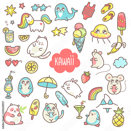 Kawaii cute collection of super cute animals and summer sweets and elements.