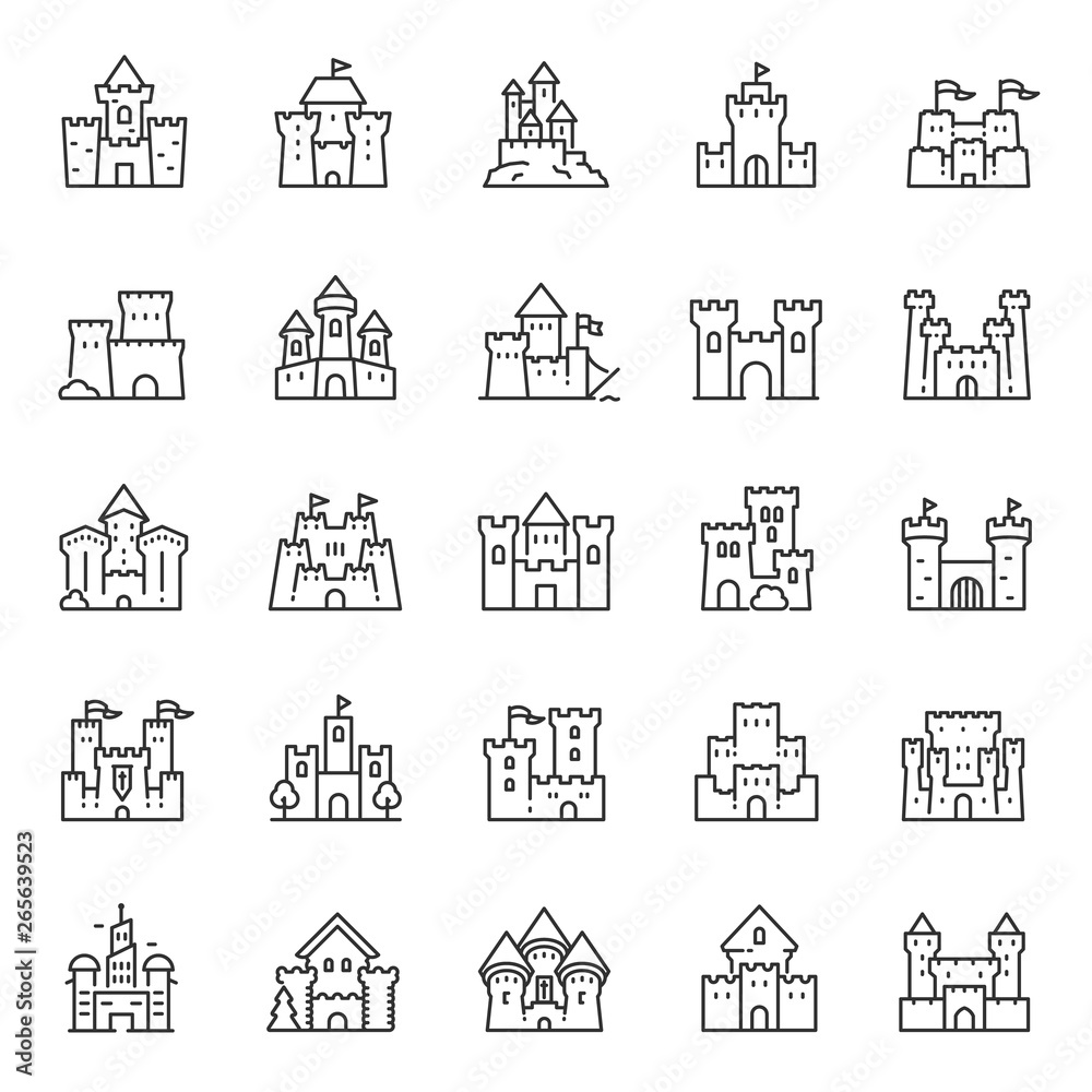 Castles of different shapes, icon set. Castle, linear icons. Line with editable stroke