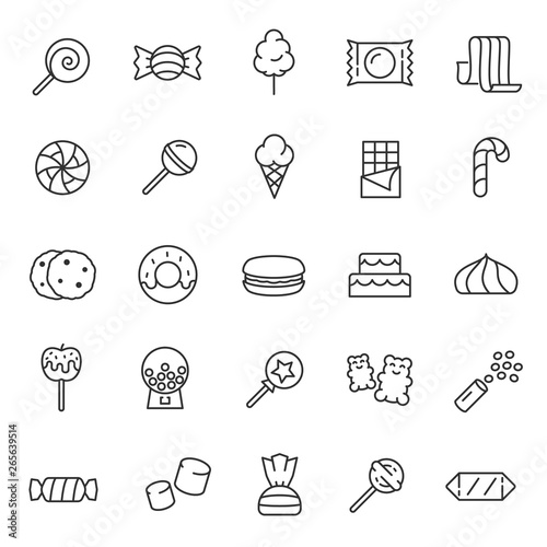 Candy, confectionery, icon set. Confections, sweets, sweet pastries, linear icons. Line with editable stroke