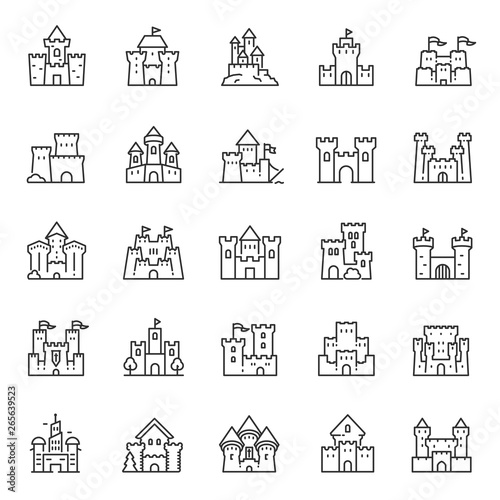 Castles of different shapes, icon set. Castle, linear icons. Line with editable stroke