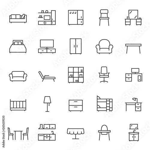 Furniture, icon set. Home interior, linear icons. Piece of furniture for the living room, bedroom, office, workplace, children's room and kitchen. Line with editable stroke photo