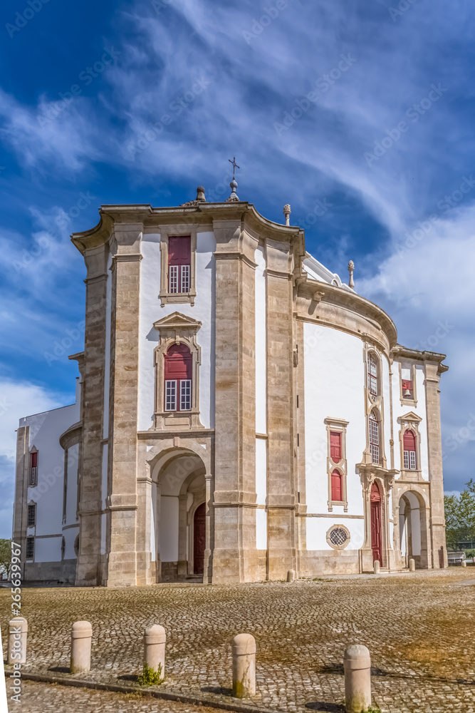 Full panoramic view of the classic baroque building, Lord Jesus da Pedra Sanctuary, Catholic religious building in Obidos, Portugal