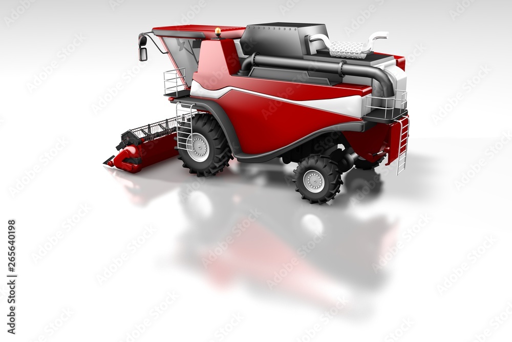 industrial 3D illustration of big beautiful red farm agricultural combine harvester back top view with reflection on white, mockup with place for your content