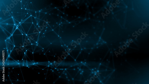 3D Rendering of Abstract polygonal space low poly network nodes with connected dots and lines on dark blur blue tone background. Concept for digital technology, telecom, big data, ai, block chain
