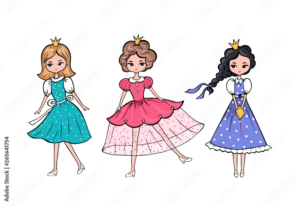 Set of Funny hand drawn beautiful cute little princesses with crown isolated on the white background. Vector illustration in cartoon style