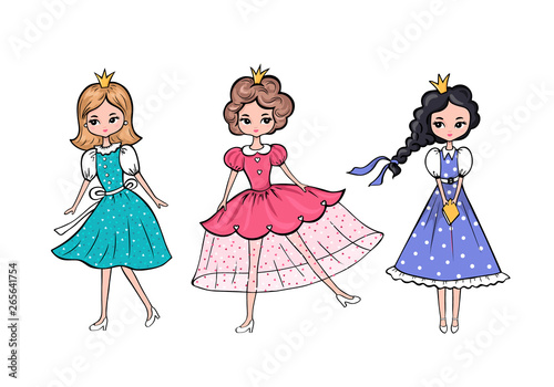 Set of Funny hand drawn beautiful cute little princesses with crown isolated on the white background. Vector illustration in cartoon style