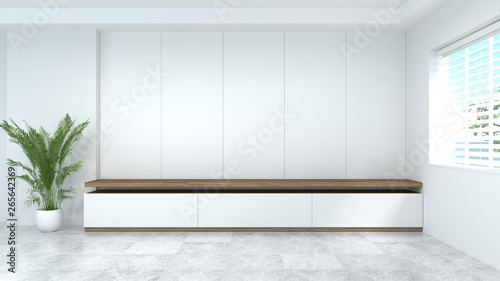 Fototapeta Naklejka Na Ścianę i Meble -  Clean white room and modern Tv wood cabinet in empty room interior background  3d illustration,background shelves and books in front of  wall empty wall home designs.