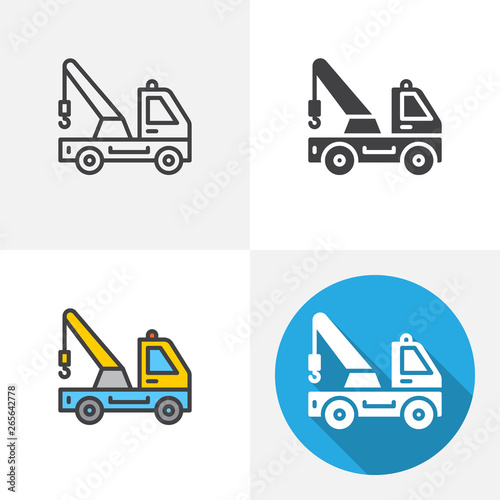 Tow truck icon. Line, glyph, flat and filled outline colorful version, service car with a crane outline and flat vector sign. Symbol, logo illustration. Different style icons set