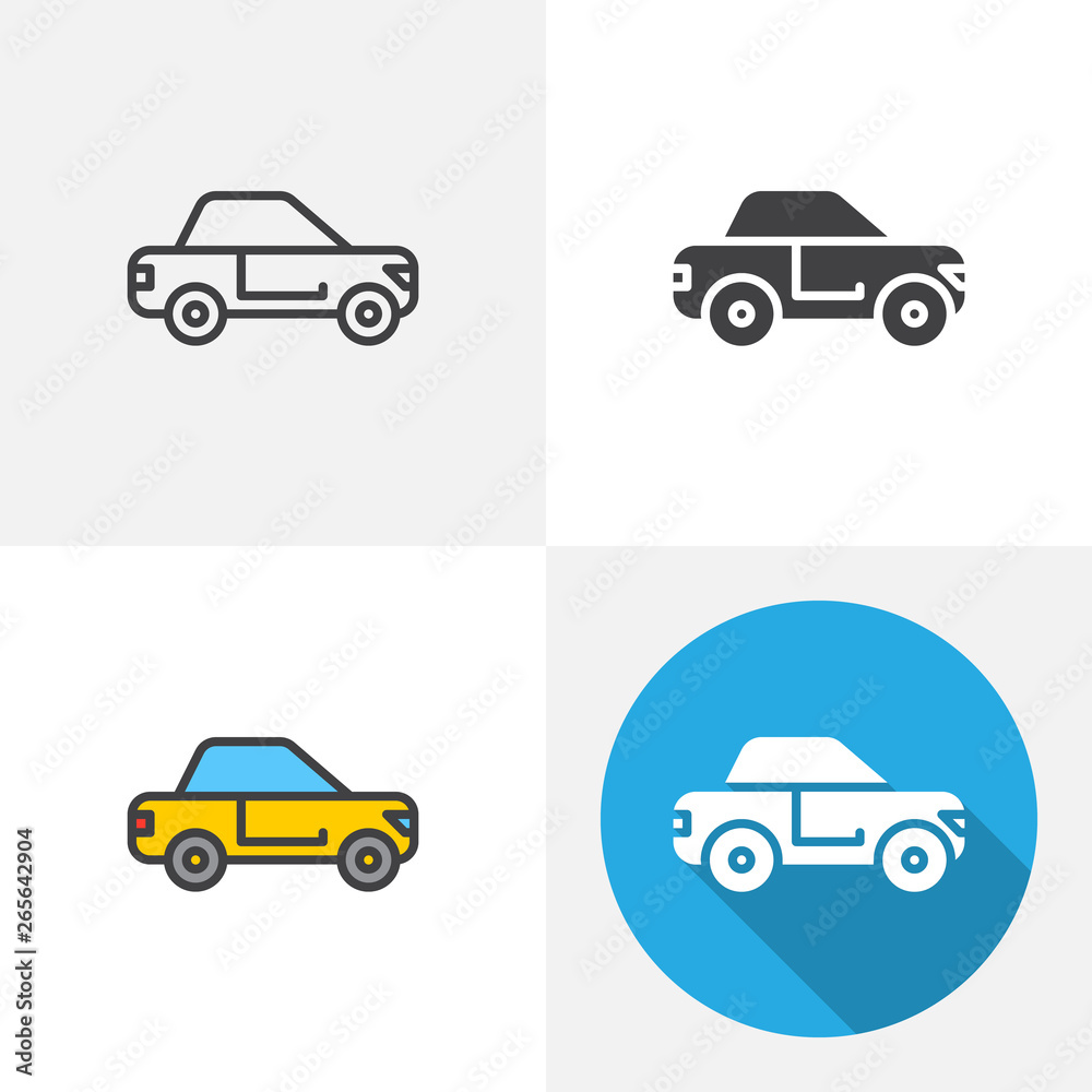 Car sedan icon. Line, glyph, flat and filled outline colorful version, Coupe car, vehicle outline and flat vector sign. Symbol, logo illustration. Different style icons set