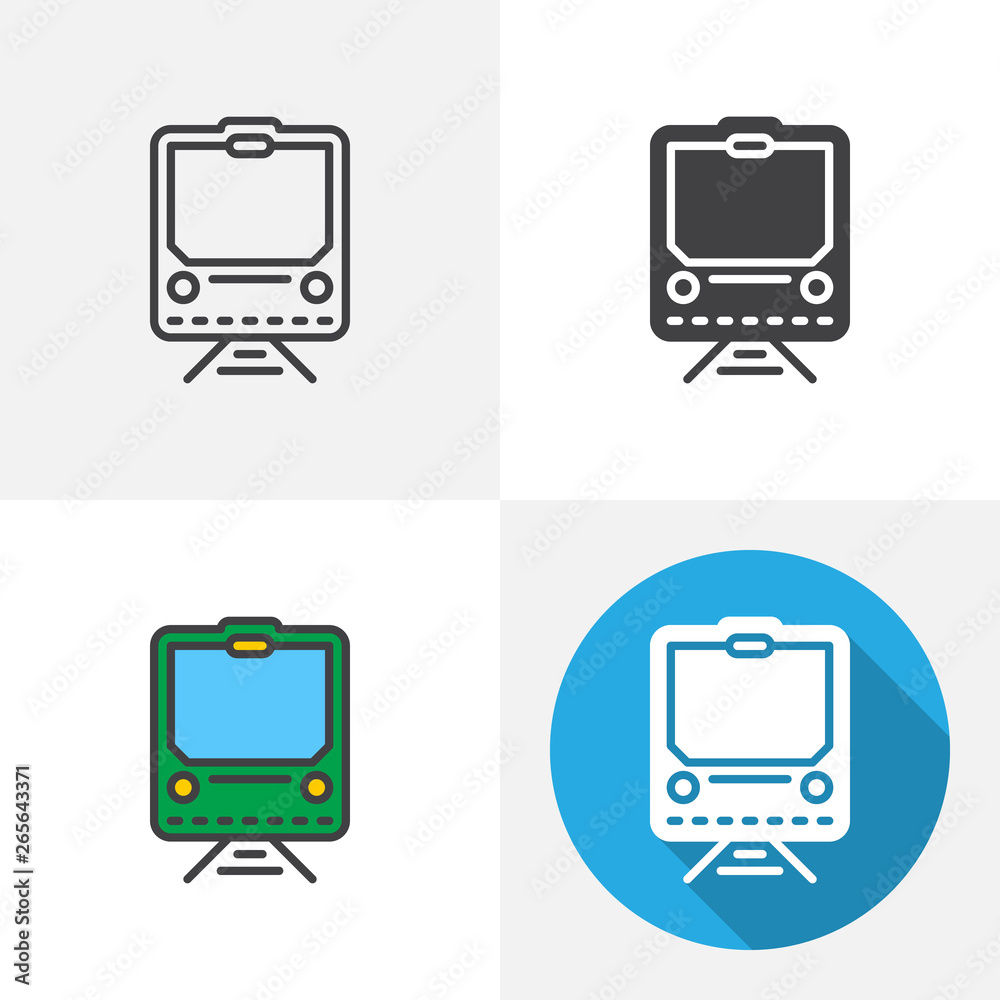 Railway train icon. Line, glyph, flat and filled outline colorful version, public transport outline and flat vector sign. Symbol, logo illustration. Different style icons set Railway train icon. Line, glyph, flat and filled outline colorful version, public transport outline and flat vector sign. Symbol, logo illustration. Different style icons set