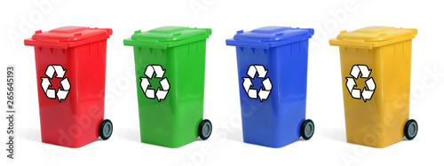yellow, green, blue and red recycle bins with recycle symbol isolated on white background