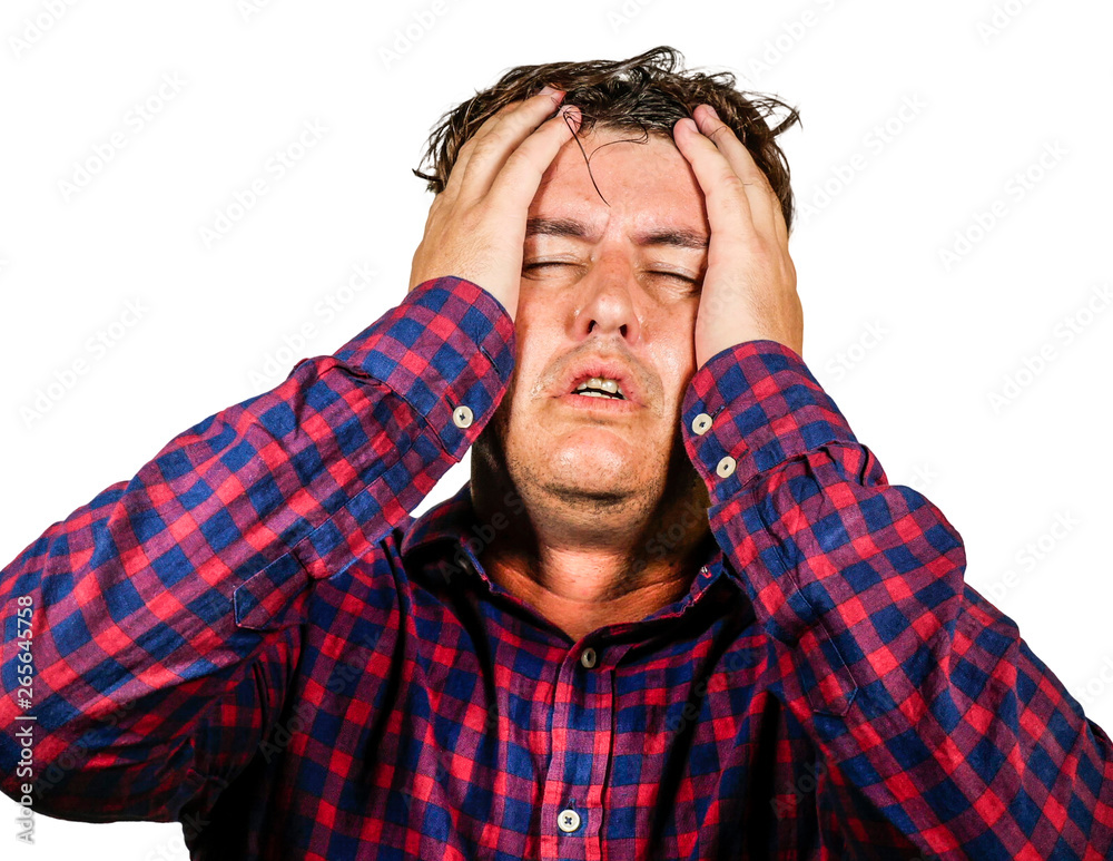 stressed and overwhelmed 30s or 40s white man holding head with hands in crazy stress and frustrated face expression looking to camera suffering problem stressed and overwhelmed 30s or 40s white man holding head with hands in crazy stress and frustrated face expression looking to camera suffering problem