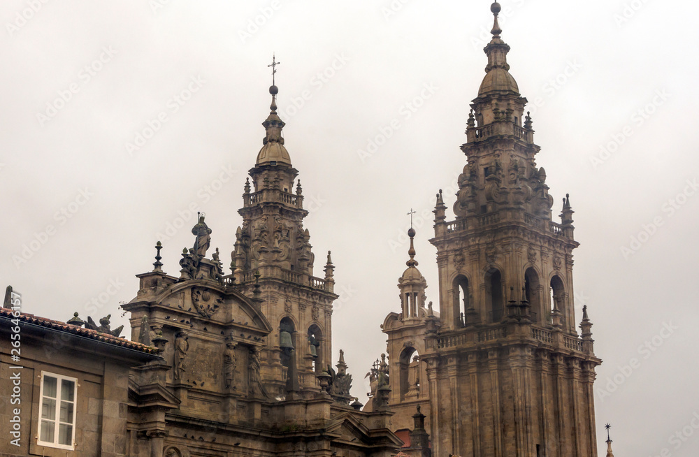 Cathedral of Santiago de Compostela in the end of Way of Santiago in a raining day.