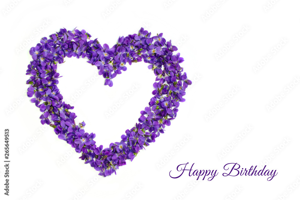 Happy birthday card. Heart shape flowers. Violets love symbol isolated on white background. Template for greeting card, web design
