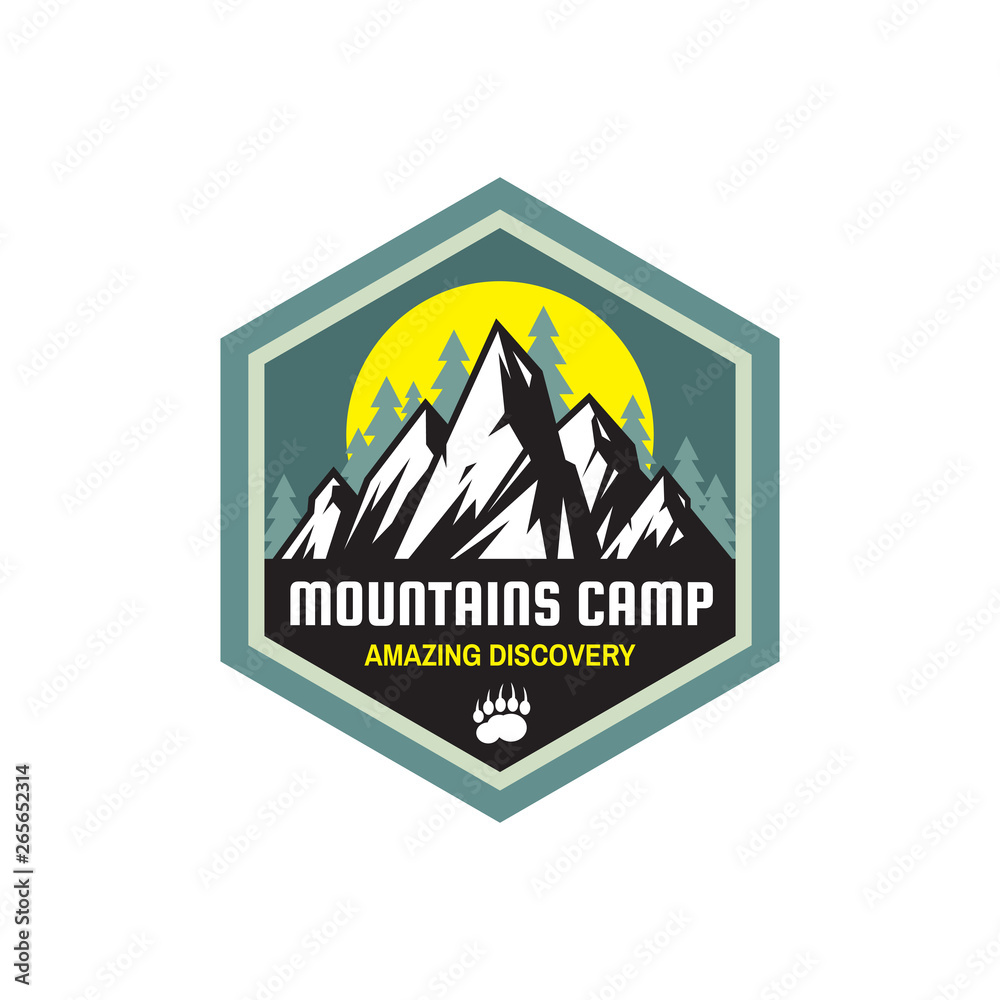 Mountains camp amazing discovery - concept badge. Summer camping emblem. Climbing logo in flat style. Extreme exploration sticker symbol. Adventure outdoors creative vector illustration. Mountains camp amazing discovery - concept badge. Summer camping emblem. Climbing logo in flat style. Extreme exploration sticker symbol. Adventure outdoors creative vector illustration.