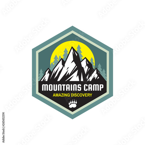 Mountains camp amazing discovery - concept badge. Summer camping emblem. Climbing logo in flat style. Extreme exploration sticker symbol. Adventure outdoors creative vector illustration. 
