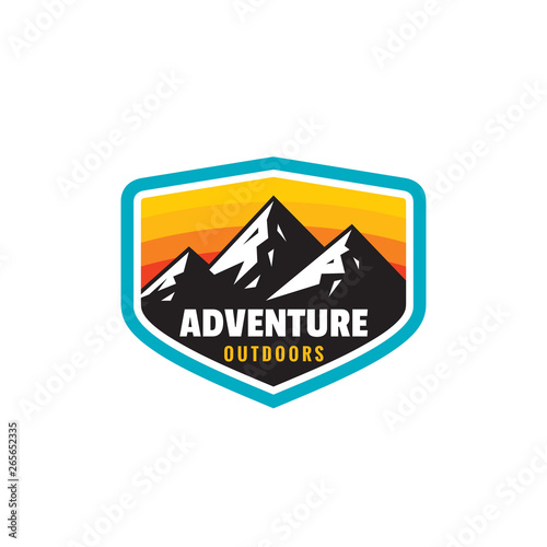 Adventure outdoors - concept badge. Mountain climbing logo in flat style. Extreme exploration sticker symbol.  Camping & hiking creative vector illustration. Graphic design element.  